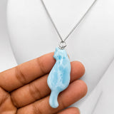 Larimar Cat Pendant Necklace, 925 Sterling Silver , Dominican Larimar Cat Jewelry, Blue Ocean Gemstone Cat Lover Gift