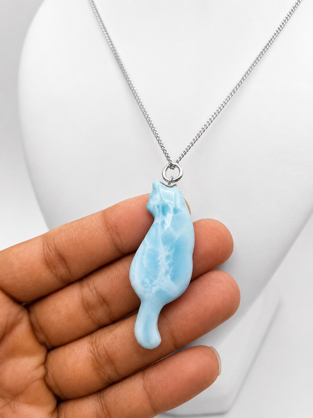 Larimar Cat Pendant Necklace, 925 Sterling Silver , Dominican Larimar Cat Jewelry, Blue Ocean Gemstone Cat Lover Gift