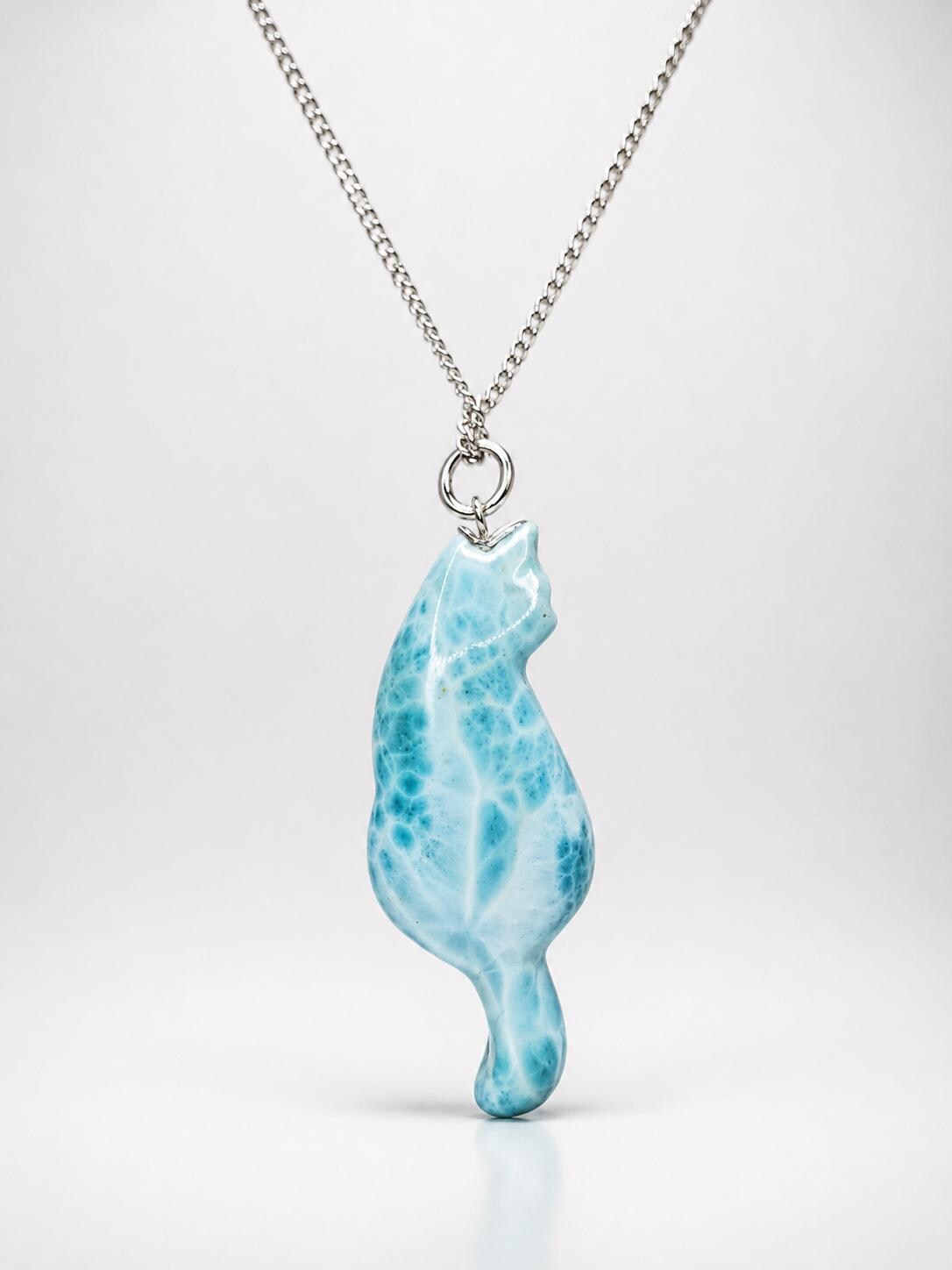 Larimar Cat Pendant Necklace, 925 Sterling Silver , Dominican Larimar Cat Jewelry, Blue Ocean Gemstone Cat Lover Gift
