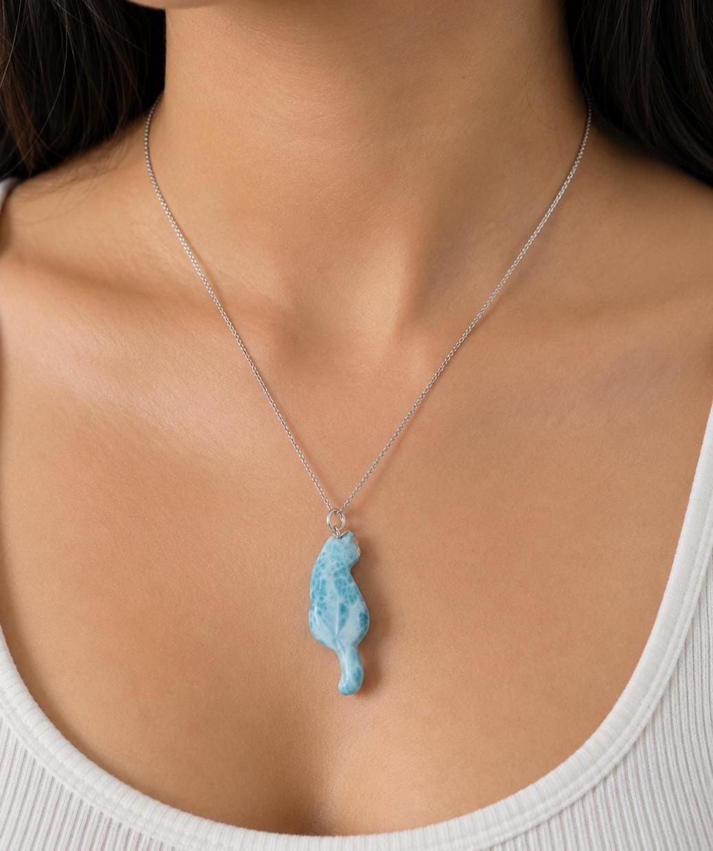 Larimar Cat Pendant Necklace, 925 Sterling Silver , Dominican Larimar Cat Jewelry, Blue Ocean Gemstone Cat Lover Gift