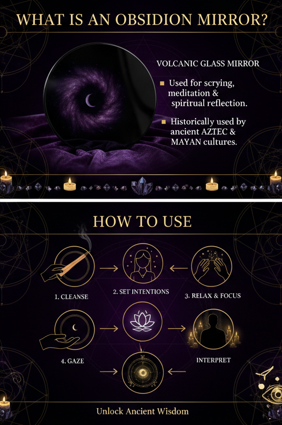 Infographic about an Obsidion mirror with text and illustrations on a dark background.