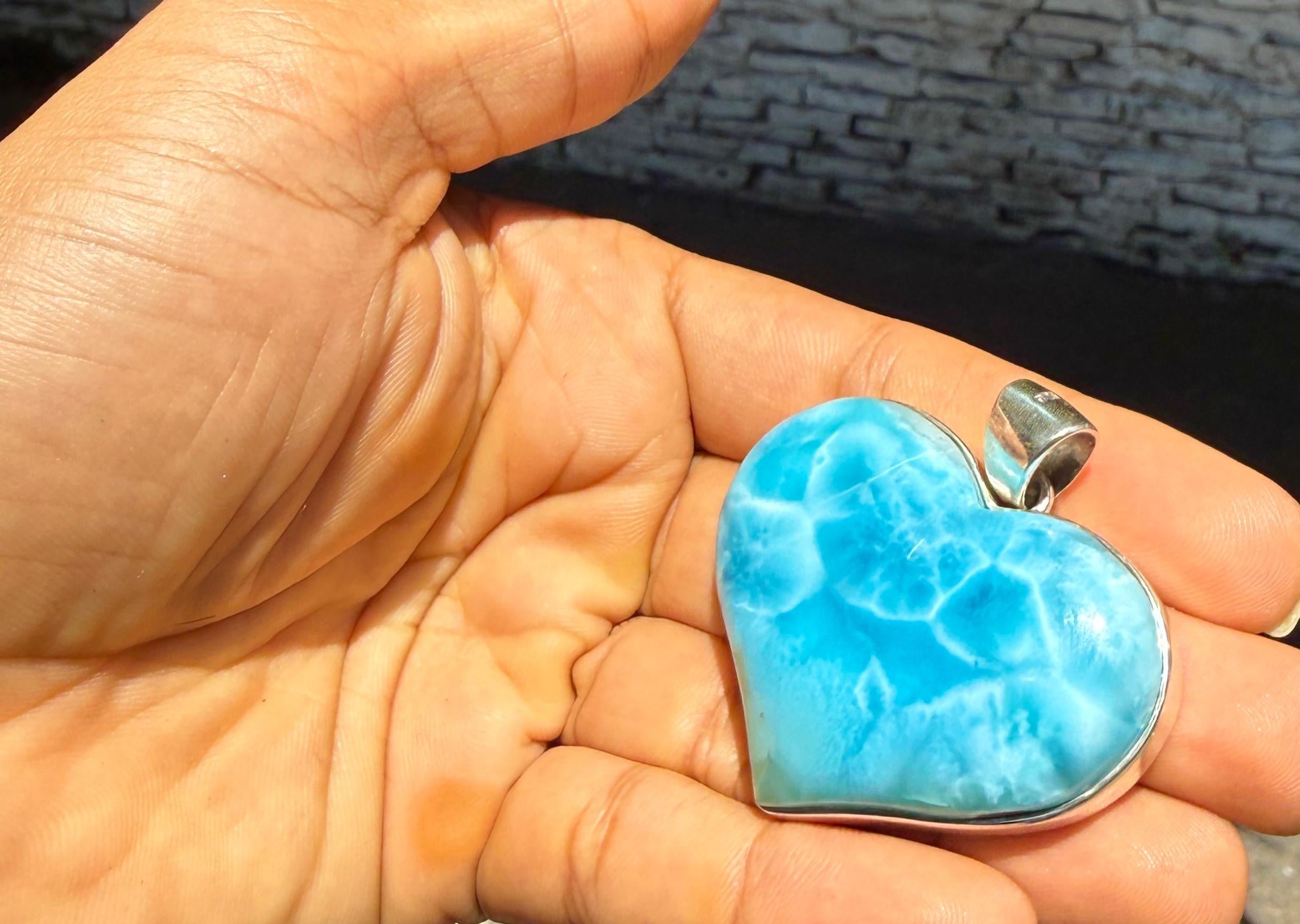 AAA grade Dominican Larimar heart pendant in 925 sterling silver, additional view, for everyday wear, Mauna Vibes