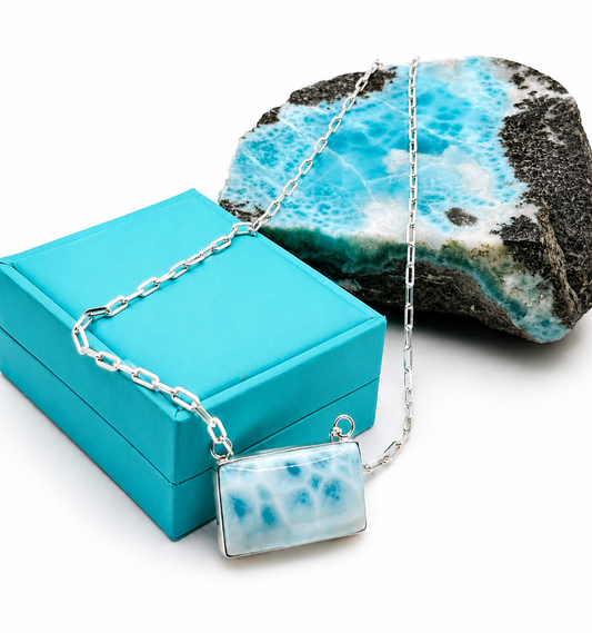 AAA Larimar Necklace, Exclusive Light Blue Dominican Gemstone Pendant With 925 Silver Chainlink, High End Gift for Women.