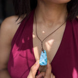 AAA grade Dominican Larimar freeform necklace, close-up of the stone, for everyday wear, Mauna Vibes