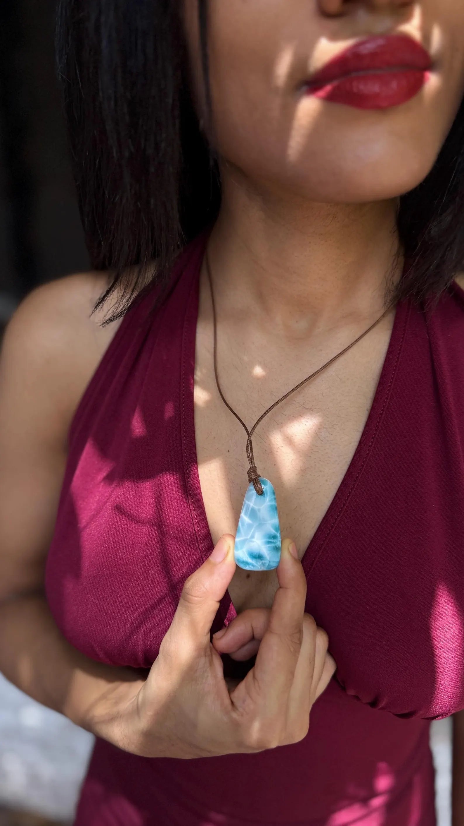 AAA grade Dominican Larimar freeform necklace, close-up of the stone, for everyday wear, Mauna Vibes