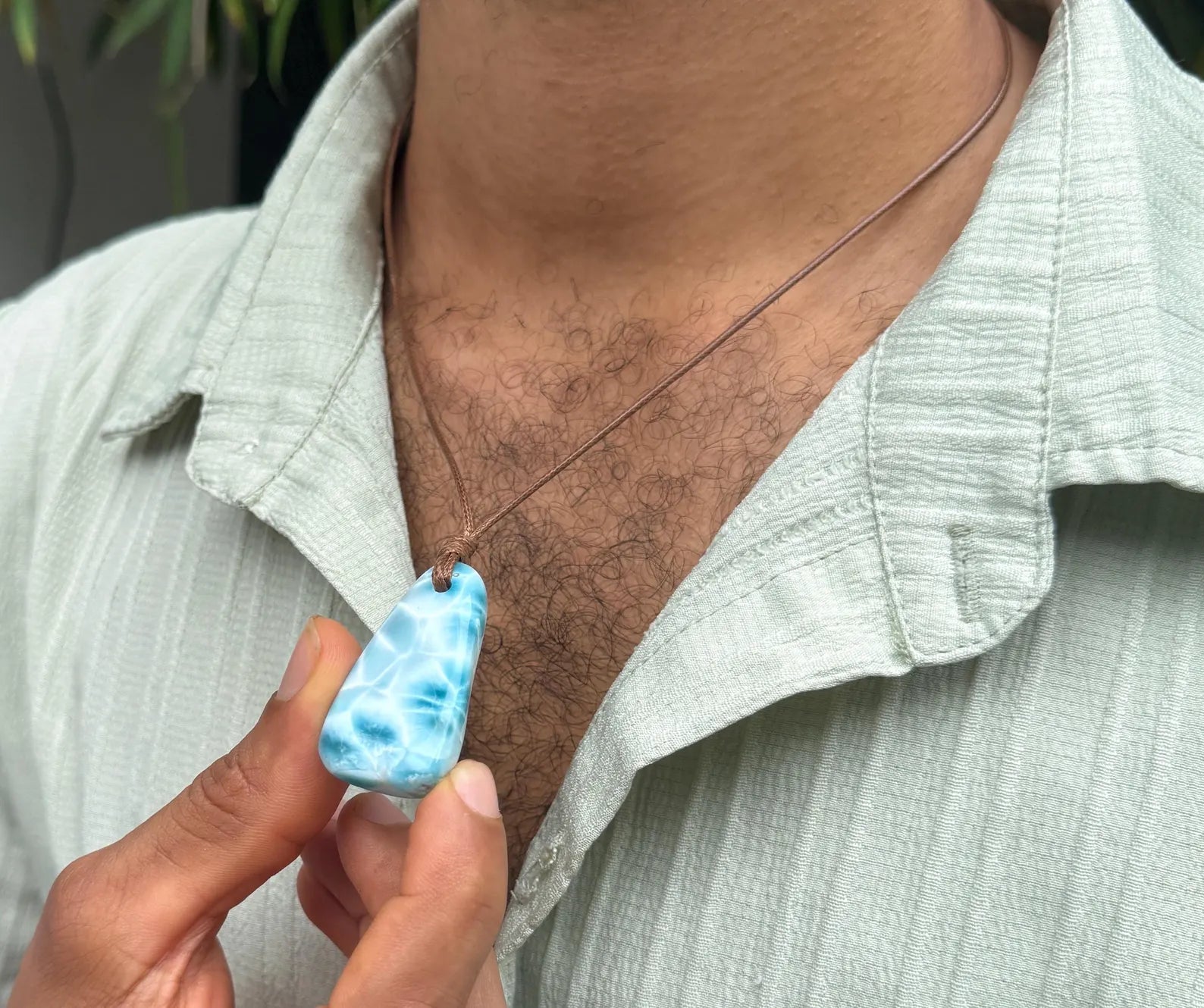 AAA grade Dominican Larimar freeform necklace, additional view, for everyday wear, Mauna Vibes
