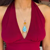 Larimar and Amber Double Pendant in 925 Sterling Silver Teardrop Round Pendant