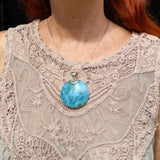 Round Larimar Pendant, AAA Blue Turquoise, 925 Sterling Silver Unisex Jewelry