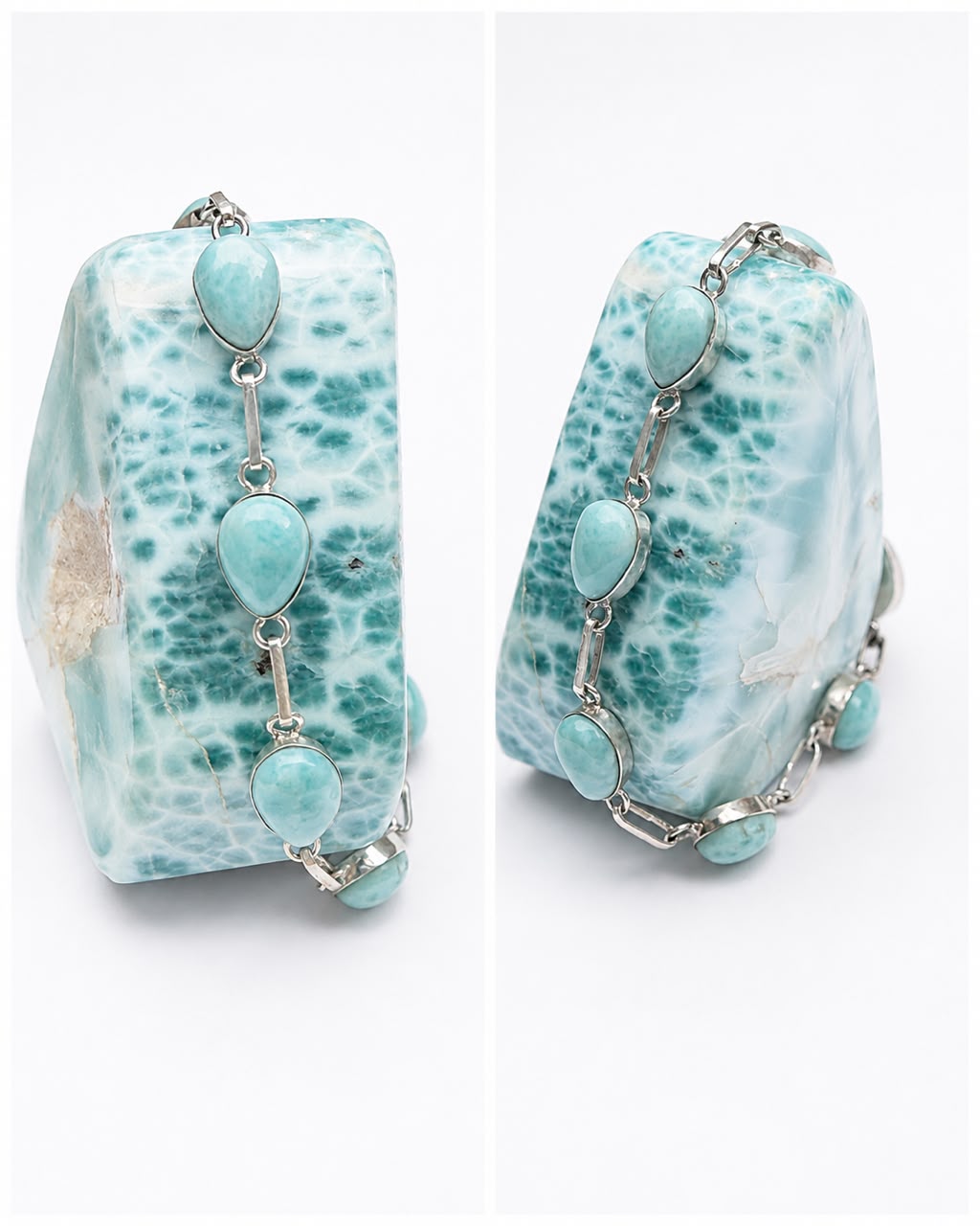 A pair of silver chain larimar bracelets  featuring natural light blue and white marbled stone beads, shown from both front and side angles on a white background.