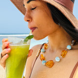Dominican Larimar necklace in 925 sterling silver, angled view, for everyday wear, Mauna Vibes