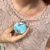 Round Larimar Pendant, AAA Blue Turquoise, 925 Sterling Silver Unisex Jewelry