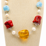 AAA Larimar Statement Necklace, Dominican Amber Red Coral Pearl 925 Silver