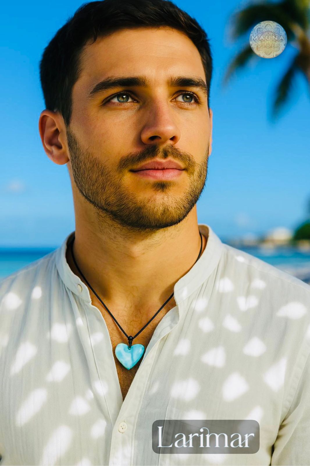 Colar de coração masculino Larimar da República Dominicana - Pingente de pedra preciosa azul caribenha - Joia de cristal de cura - Presente feito à mão - Unissex