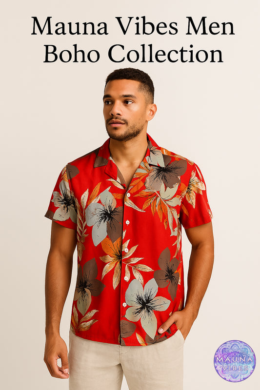 Boho Men's Floral Button-Up Shirt – Lightweight Summer Beachwear for Vacation, Festivals & Casual Style.