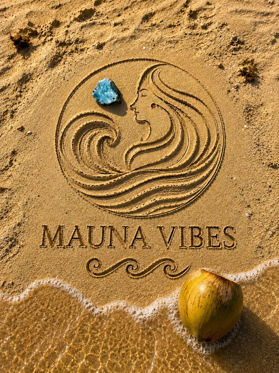 Mauna Vibes logo on sand with a coconut and blue stone Larimar Dominican Republic