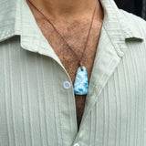 AAA grade Dominican Larimar freeform necklace, shown with scale reference, for everyday wear, Mauna Vibes