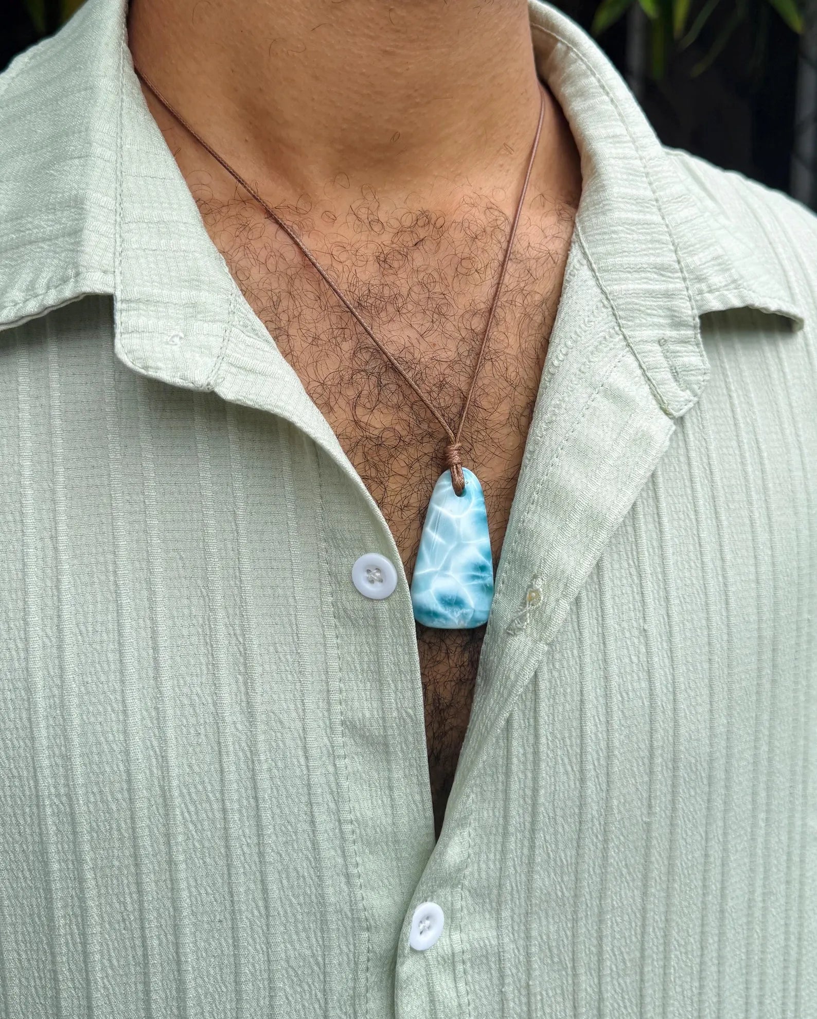AAA grade Dominican Larimar freeform necklace, shown with scale reference, for everyday wear, Mauna Vibes