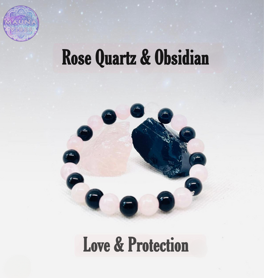 Rose Quartz & Obsidian Protection - Love Bracelet – For Men And Women | Handmade Bracelet by Mauna Vibes