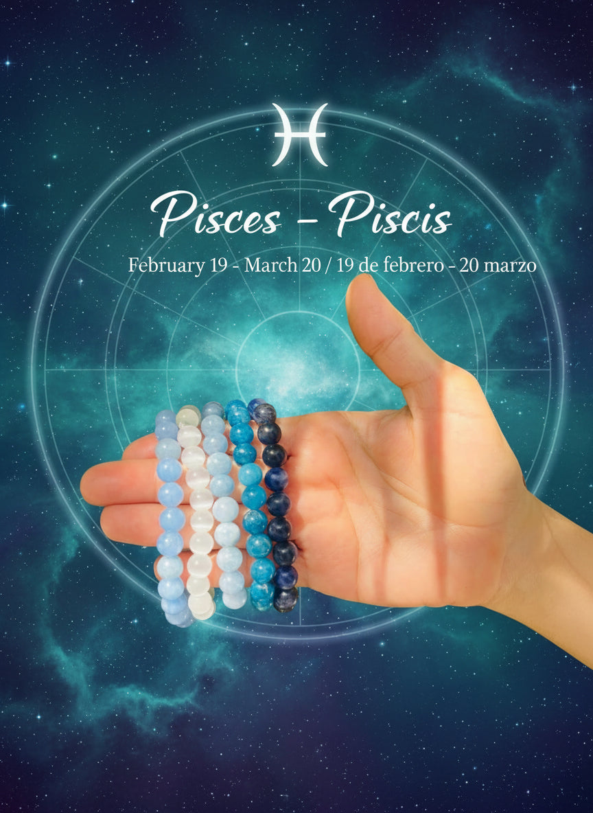 Hand holding three beaded bracelets in front of a natural background with plants.