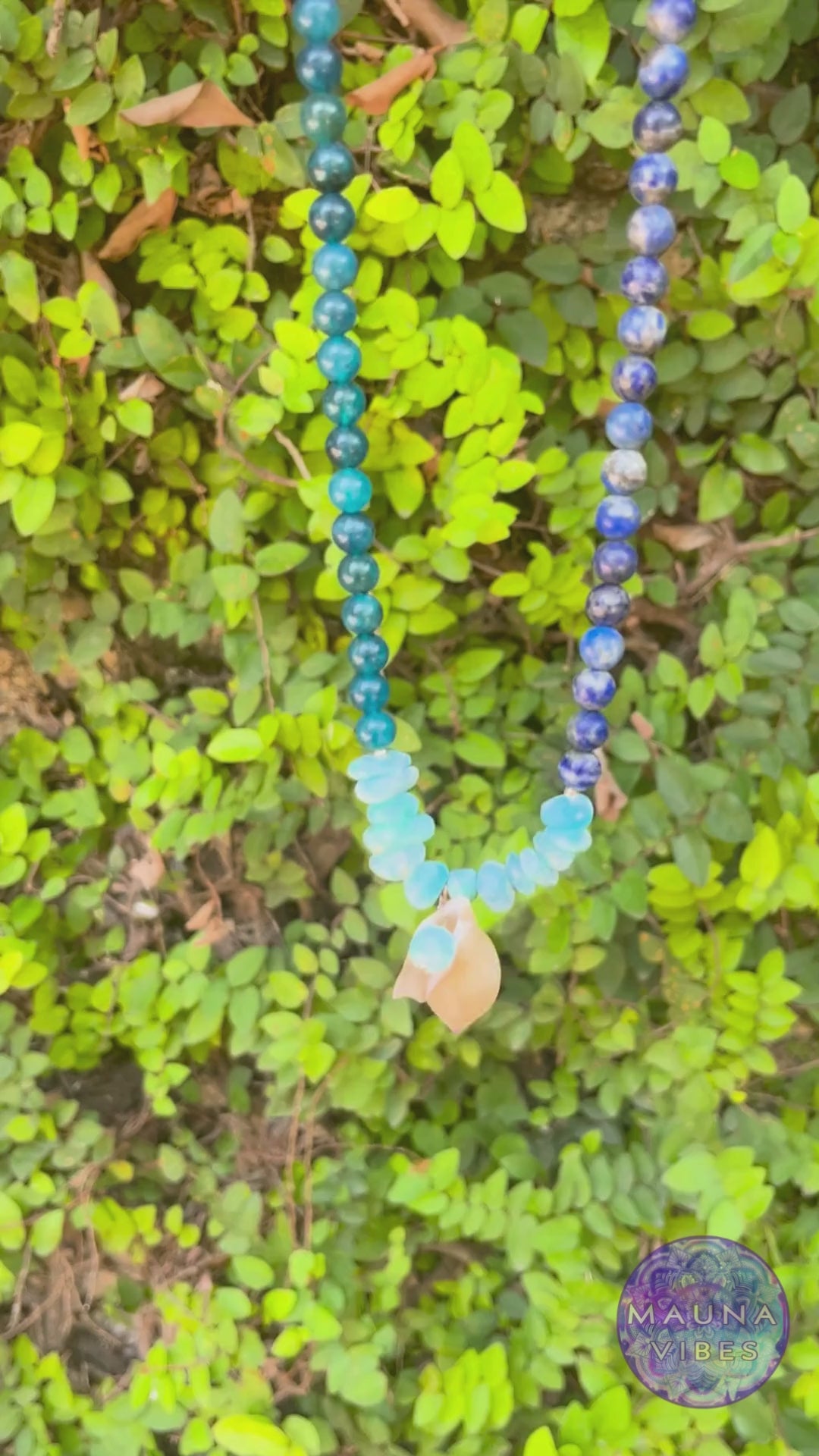 "Detail of genuine Larimar, Apatite, and Lapis Lazuli stones in Three Seas Necklace – calming blue crystals representing ocean energy."


