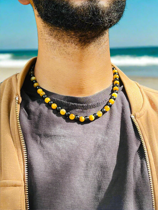 Yellow Tiger's Eye & Obsidian Beaded Necklace – Men's Jewelry - Gift for Him, Boyfriend or Husband -Minimalist Statement Jewelry.