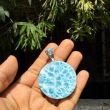Collector grade Dominican Larimar round pendant in 925 sterling silver, additional view, for everyday wear, Mauna Vibes