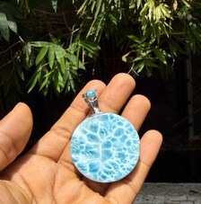Collector grade Dominican Larimar round pendant in 925 sterling silver, additional view, for everyday wear, Mauna Vibes