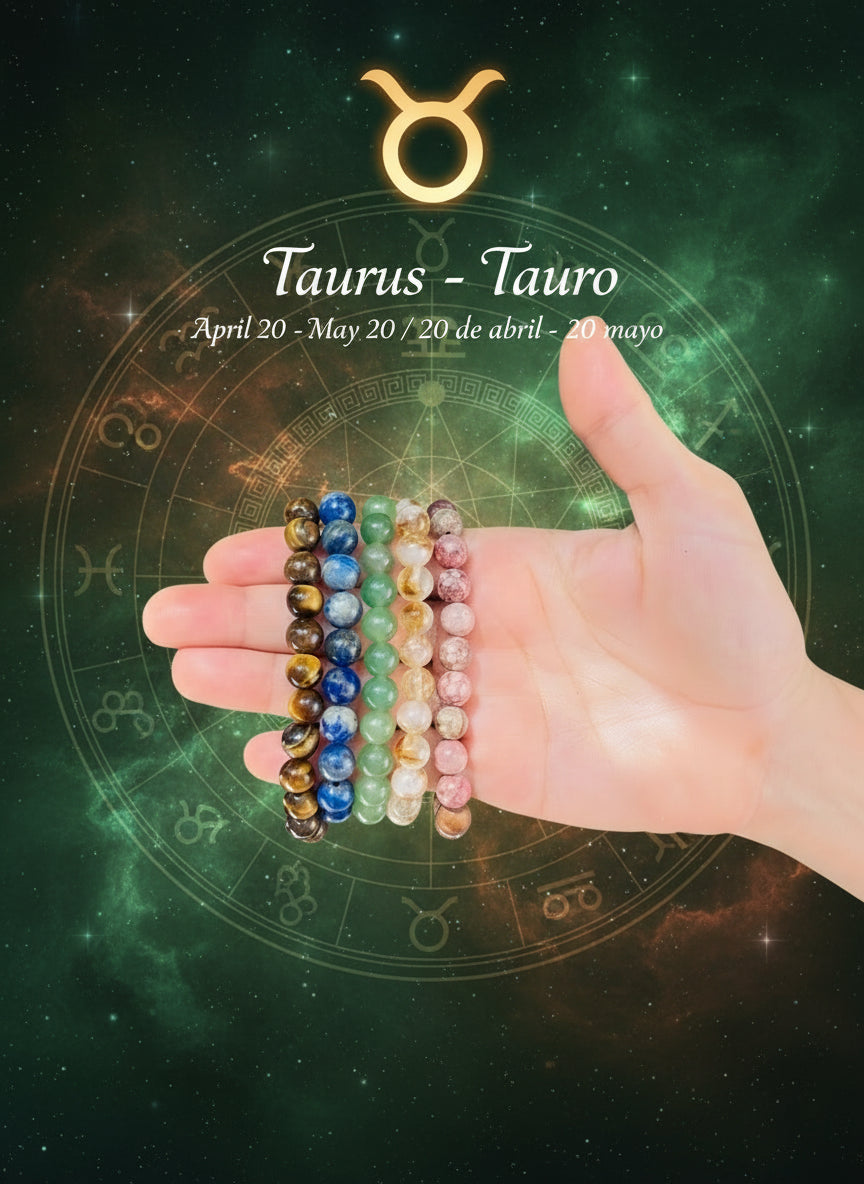 Hand wearing four colorful beaded bracelets with a natural background