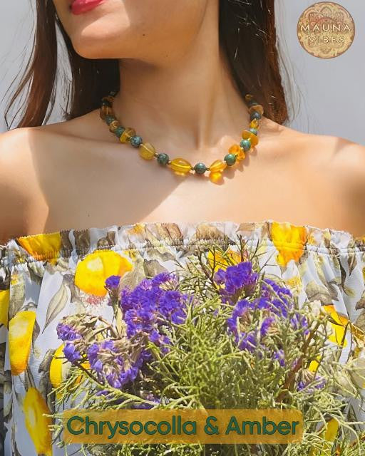Collar de Ámbar y Crisocola para Mujer • Collar y Pulsera Chapados en Oro para Mujer • Ámbar Dominicano Exclusivo • Idea de Regalo Elegante