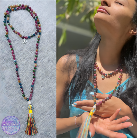 108 Beaded Japa Mala Yoga & Meditation Multicolor Tourmaline stone Necklace For Women