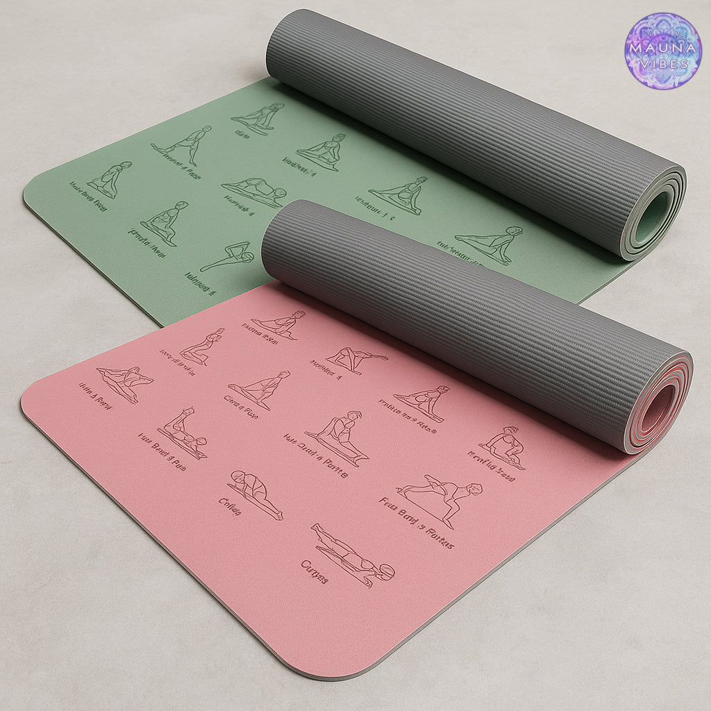 Tapete de ioga e pilates de alta qualidade, ecológico, com poses impressas – Tapete de exercícios antiderrapante TPE de 6 mm para casa e estúdio – Verde menta ou rosa claro – 183 x 57 cm